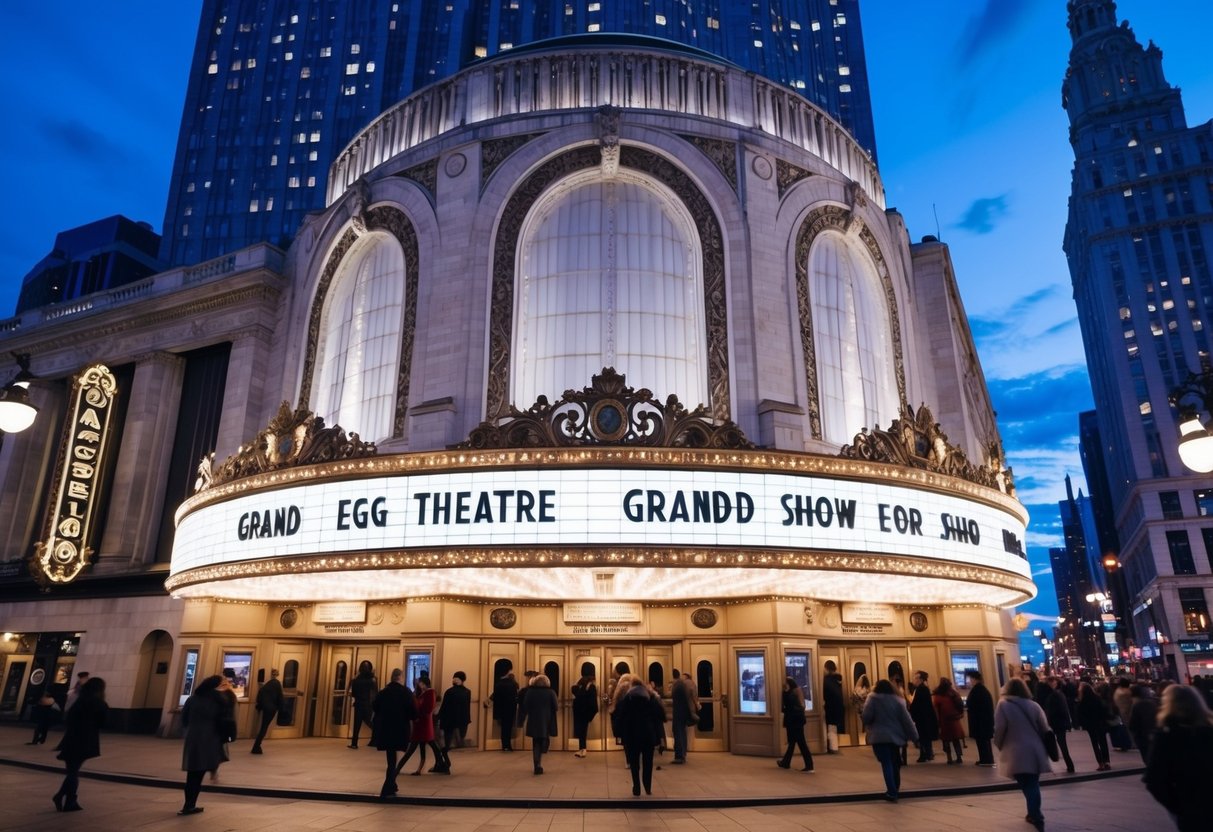 A grand theater with a distinctive egg-shaped exterior, surrounded by city lights and bustling with people entering for a show