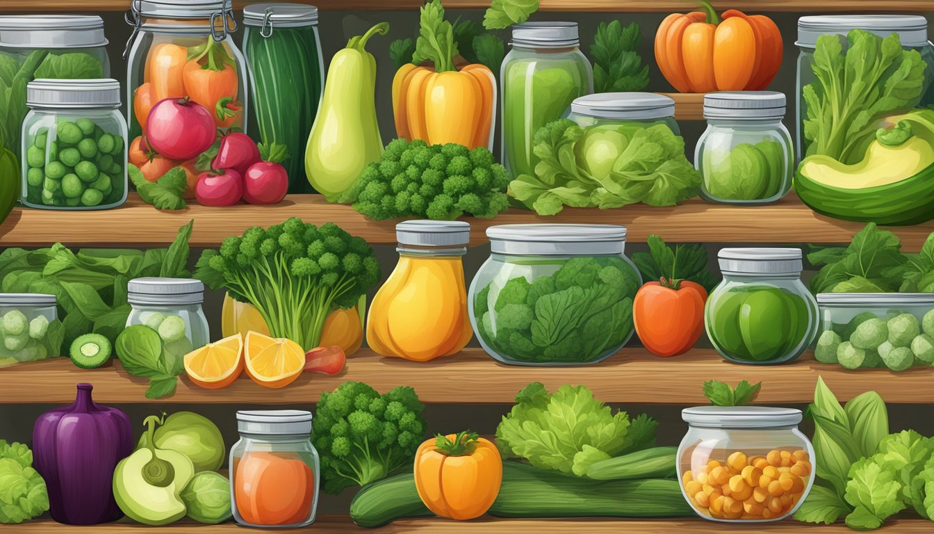 A colorful array of fresh green vegetables and fruits, overflowing from a glass jar onto a wooden table