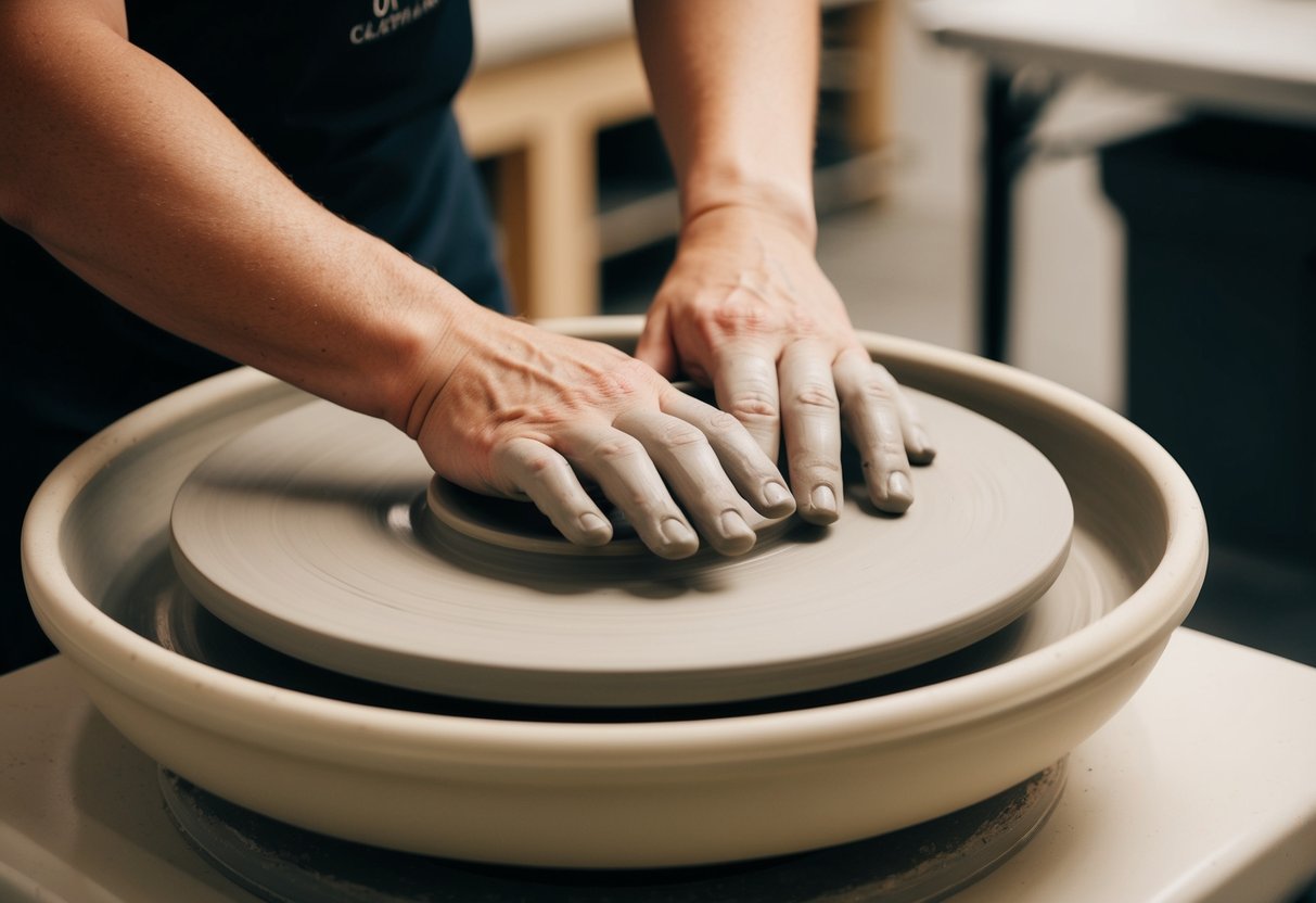 A pottery wheel spins as hands shape clay at Catalyst Creative Arts in Arlington, TX