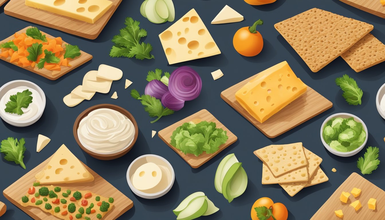 A variety of multigrain crackers scattered on a wooden cutting board with a selection of unappetizing toppings like plain cheese and bland vegetables