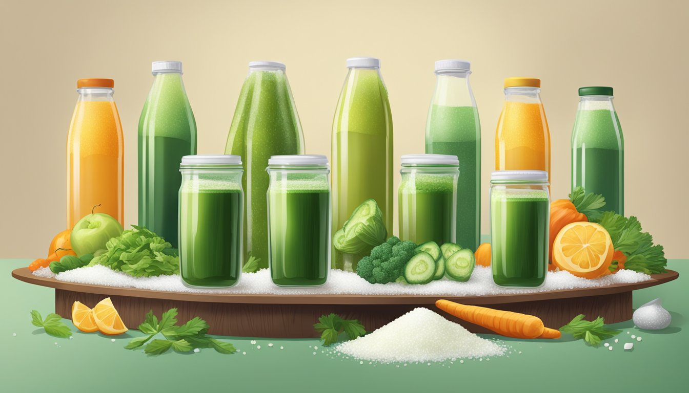 A table with seven green juice bottles, surrounded by overflowing piles of sugar and a small amount of vegetables