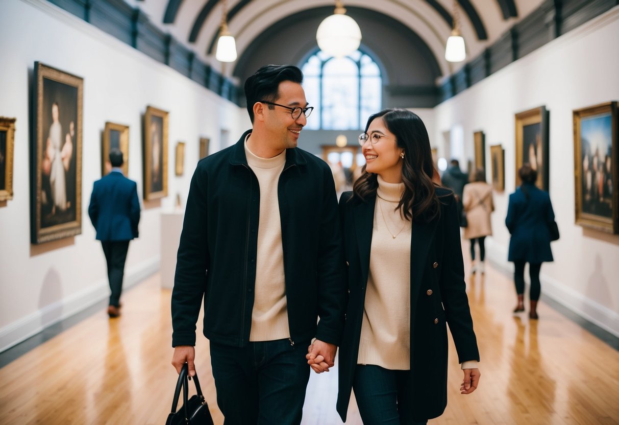 A couple strolling through the Albany Institute of History & Art, admiring the exhibits and enjoying each other's company