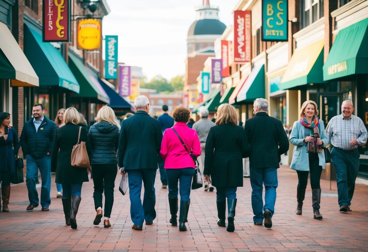 People walking through the bustling Arlington Highlands, passing by shops, restaurants, and entertainment venues, with colorful signs and lively atmosphere