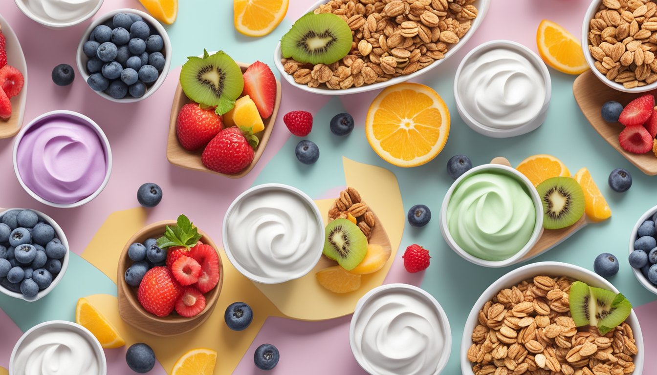 A colorful array of frozen yogurt cups surrounded by fresh fruit and granola, arranged on a modern, minimalist serving platter