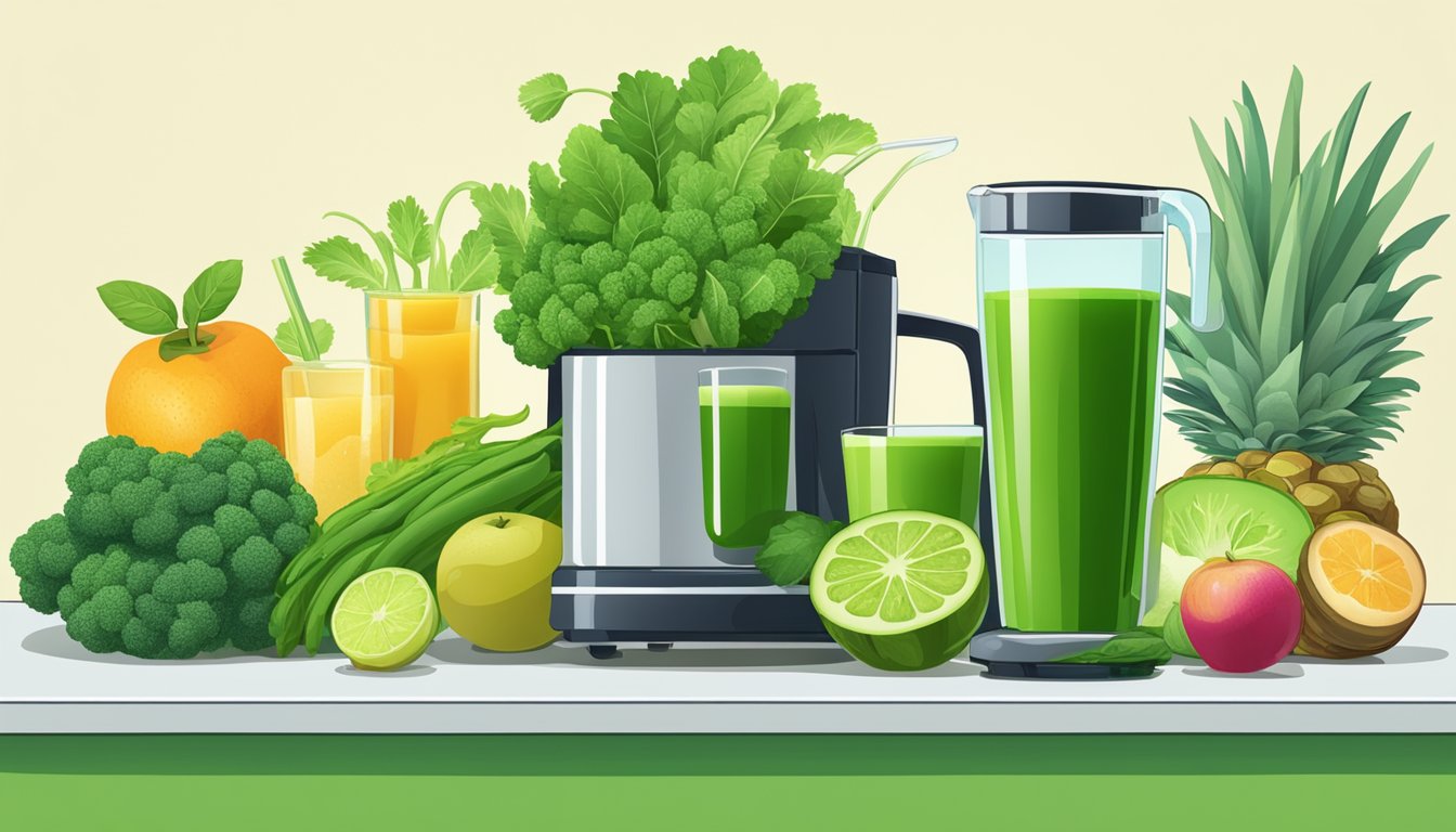 A variety of green vegetables and fruits arranged on a table, with a juicer and glasses filled with vibrant green juice