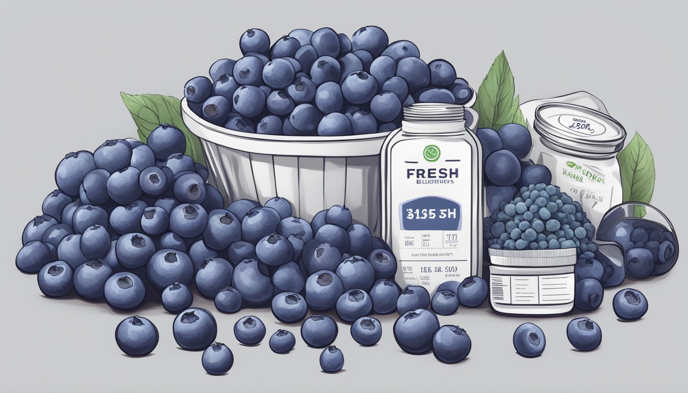 A pile of fresh blueberries surrounded by various organic products, with a price tag indicating they may not be worth the extra cost