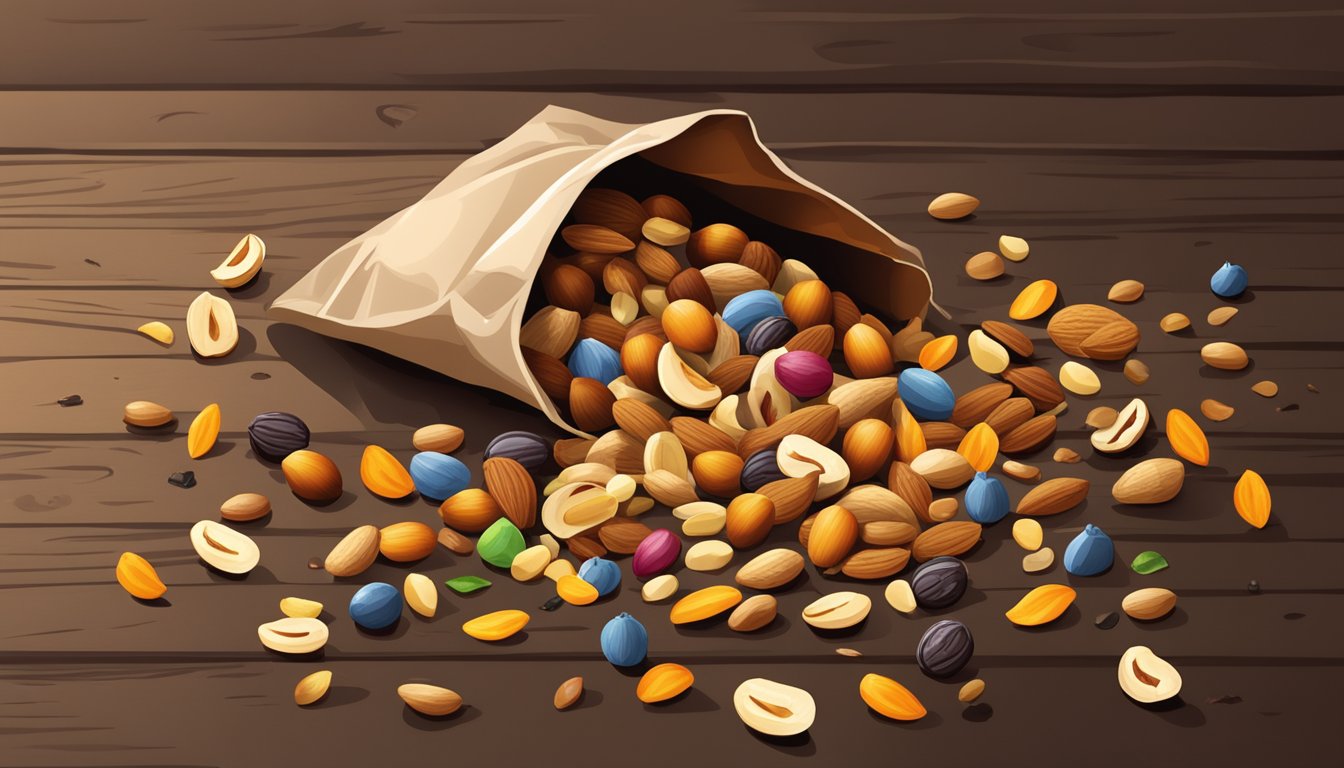 A colorful array of nuts, seeds, and dried fruits spill out of a torn bag onto a rustic wooden table, surrounded by scattered snack wrappers