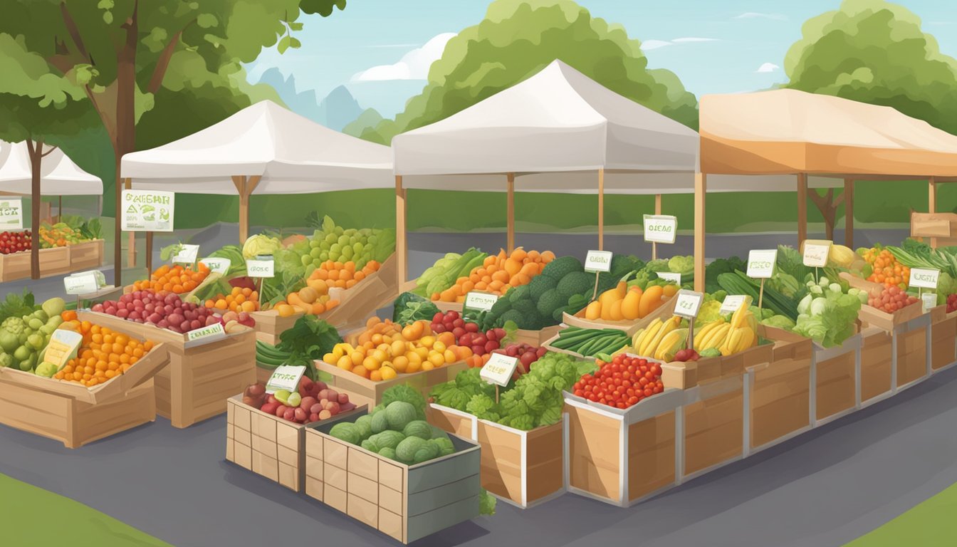 A farmer's market with various organic products displayed, including fruits, vegetables, and packaged goods. Prices are visible on signs or labels