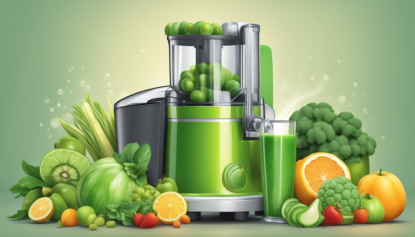 A colorful array of green fruits and vegetables overflowing from a juicer, with a high-sugar content label prominently displayed