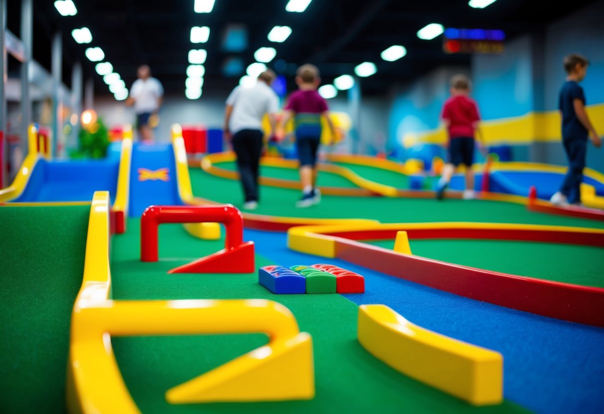 Mini-golf course at K1 Speed: colorful obstacles, winding paths, and players enjoying the game under bright lights
