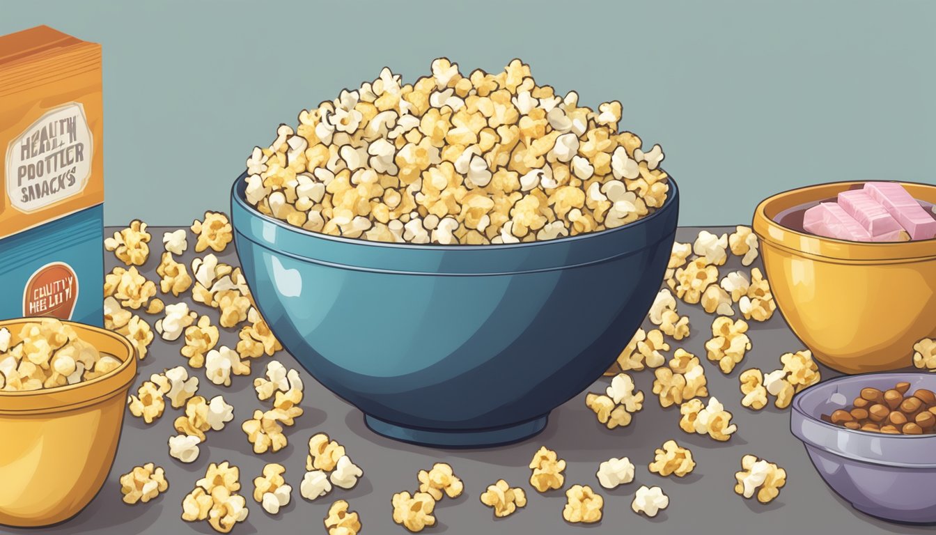 A bowl of popcorn with butter flavoring sits on a table surrounded by other "healthy" snacks