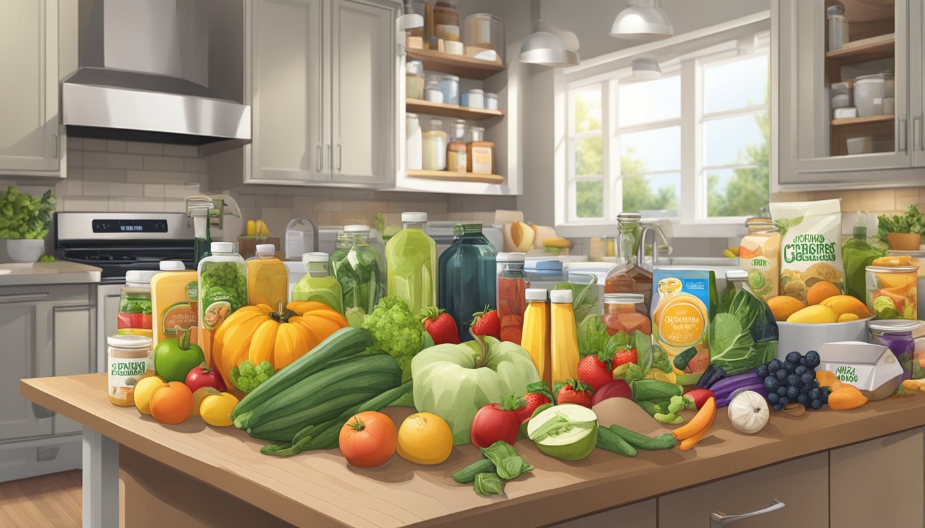 A cluttered kitchen counter with various organic products, including fruits, vegetables, and packaged goods. A certification logo is prominently displayed on some items