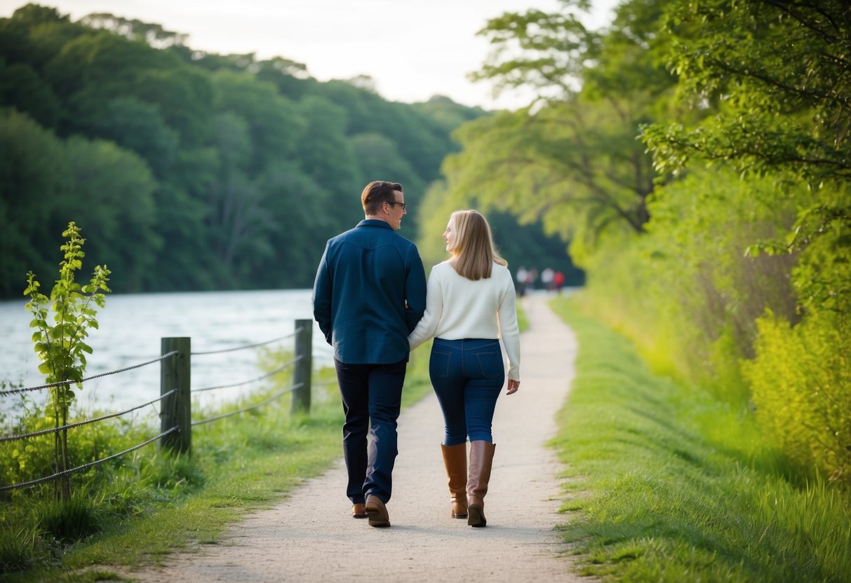 A couple strolls along the Corning Preserve, passing by the Hudson River, lush greenery, and a scenic walking path