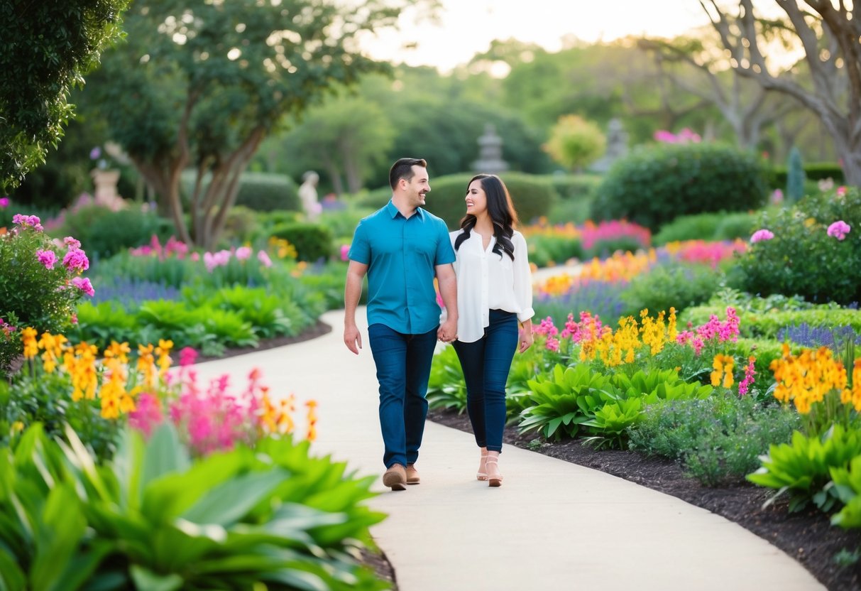 A couple strolling through a lush botanical garden, surrounded by vibrant flowers and winding paths in Arlington, TX
