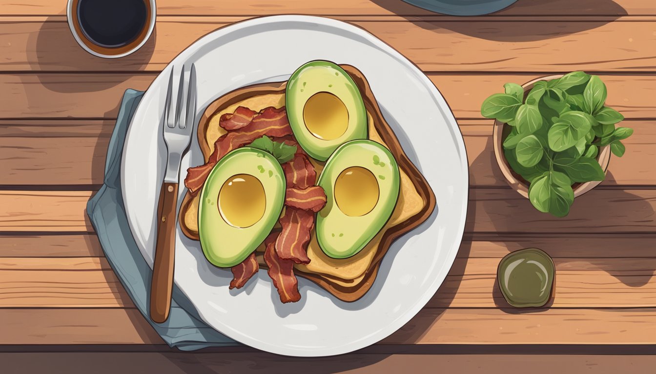 A plate of avocado toast topped with crispy bacon on a wooden table, surrounded by a rustic, minimalistic restaurant setting