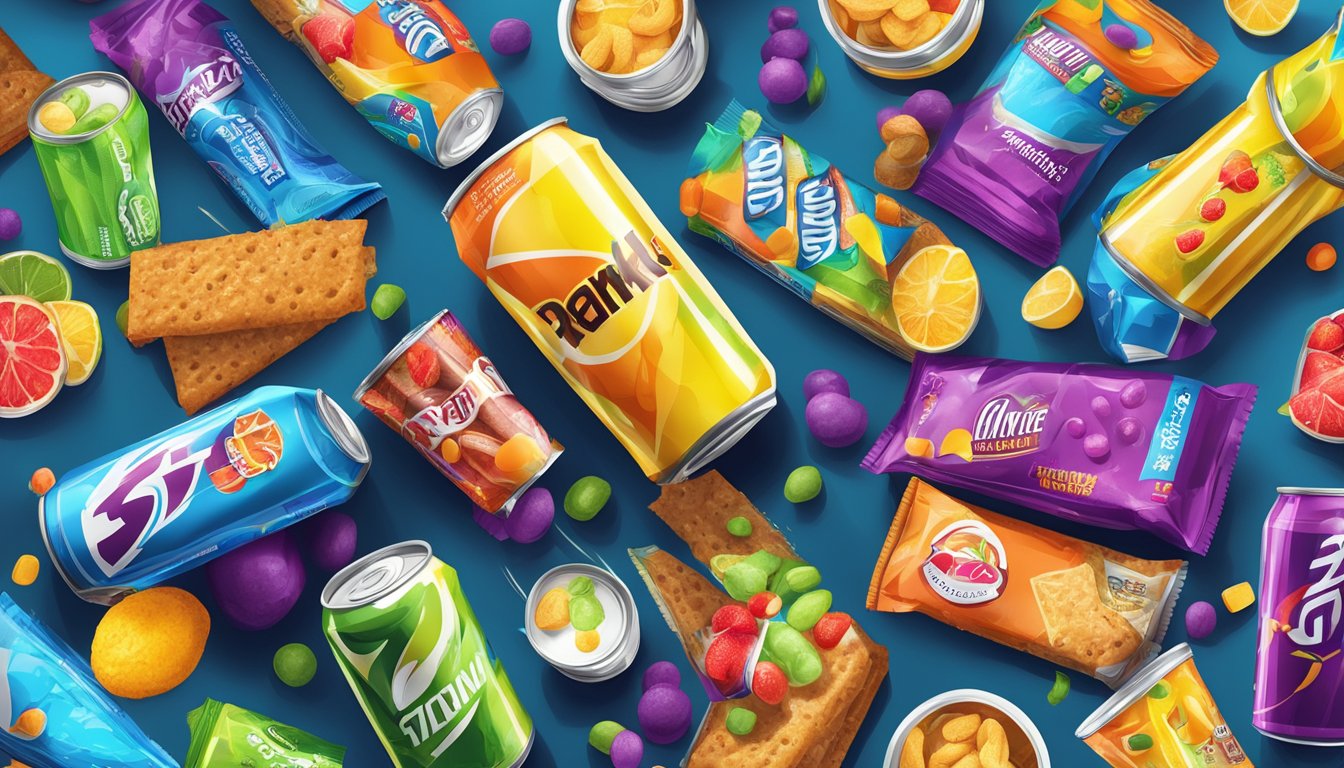 A variety of energy drinks and snacks scattered on a table, with bright packaging and vibrant colors, creating a visually stimulating but ultimately unsatisfying scene