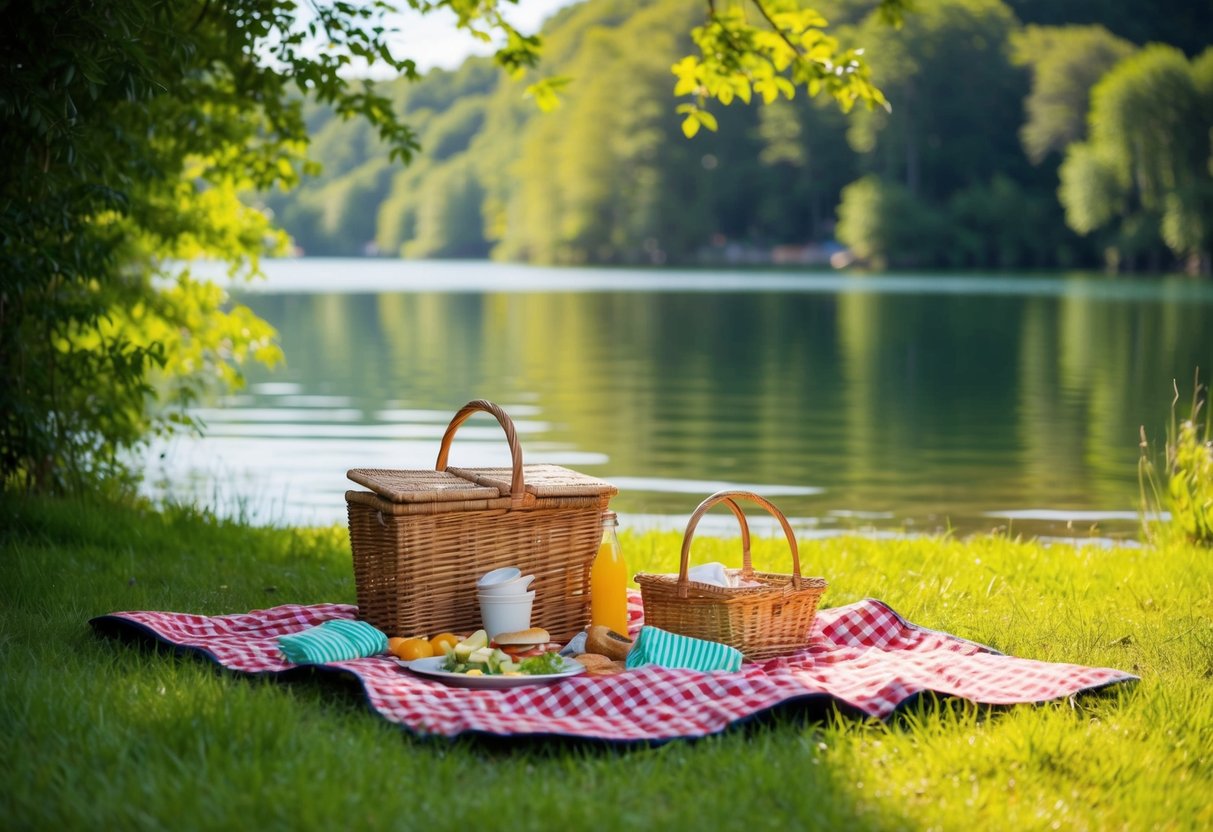 A sunny lakeside picnic with a checkered blanket, basket, and scattered food items, surrounded by lush greenery and a serene lake