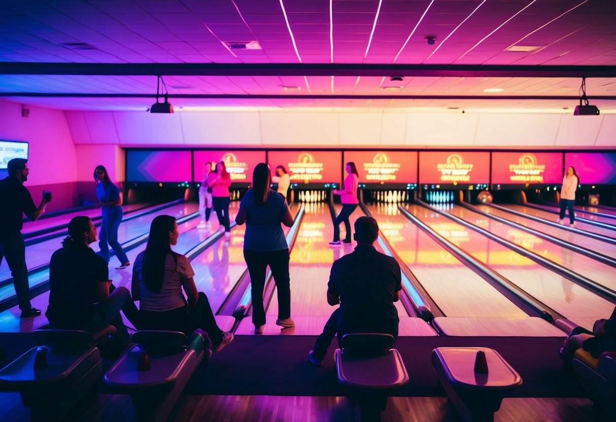 Bowling alley with colorful lanes, glowing neon lights, and groups of people enjoying a fun night out