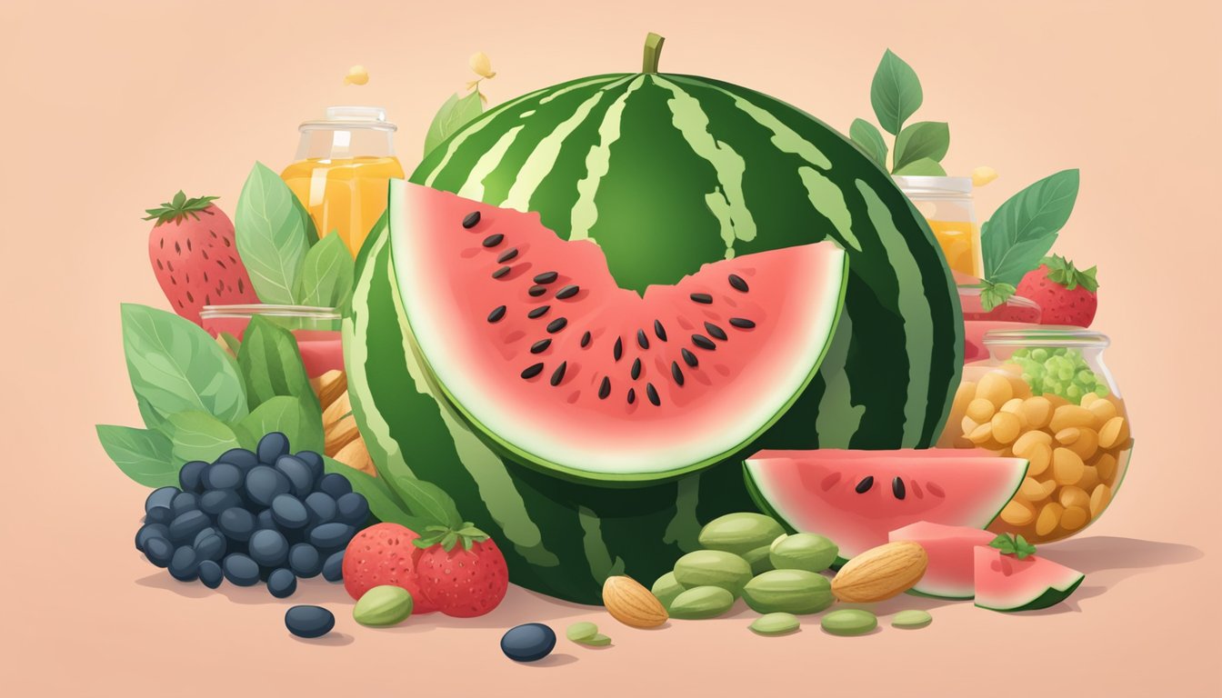 A watermelon surrounded by various protein-rich foods, such as beans, nuts, and seeds, with a clear focus on the watermelon