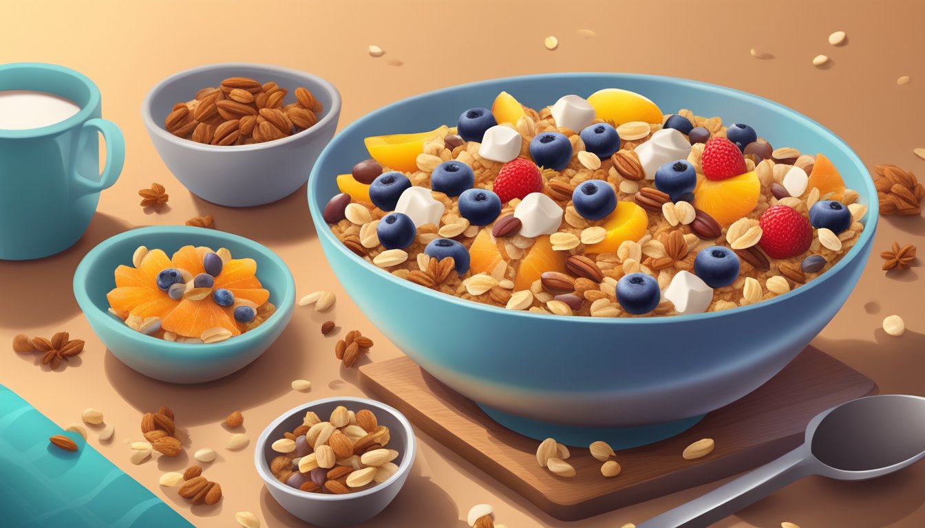 A bowl of granola overflowing with sugary toppings and surrounded by colorful fruit and nuts, presented on a trendy restaurant menu