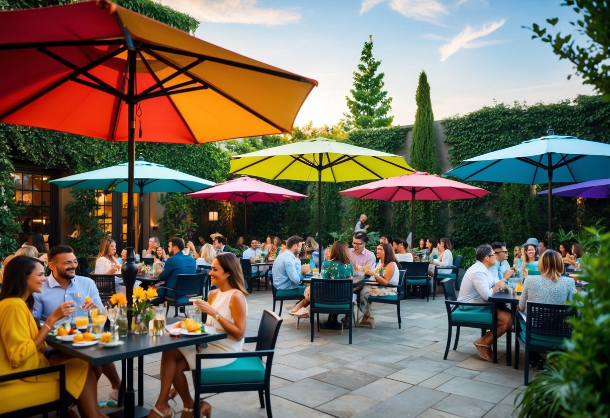 A bustling outdoor patio with colorful umbrellas, surrounded by lush greenery and filled with tables of people enjoying brunch and cocktails