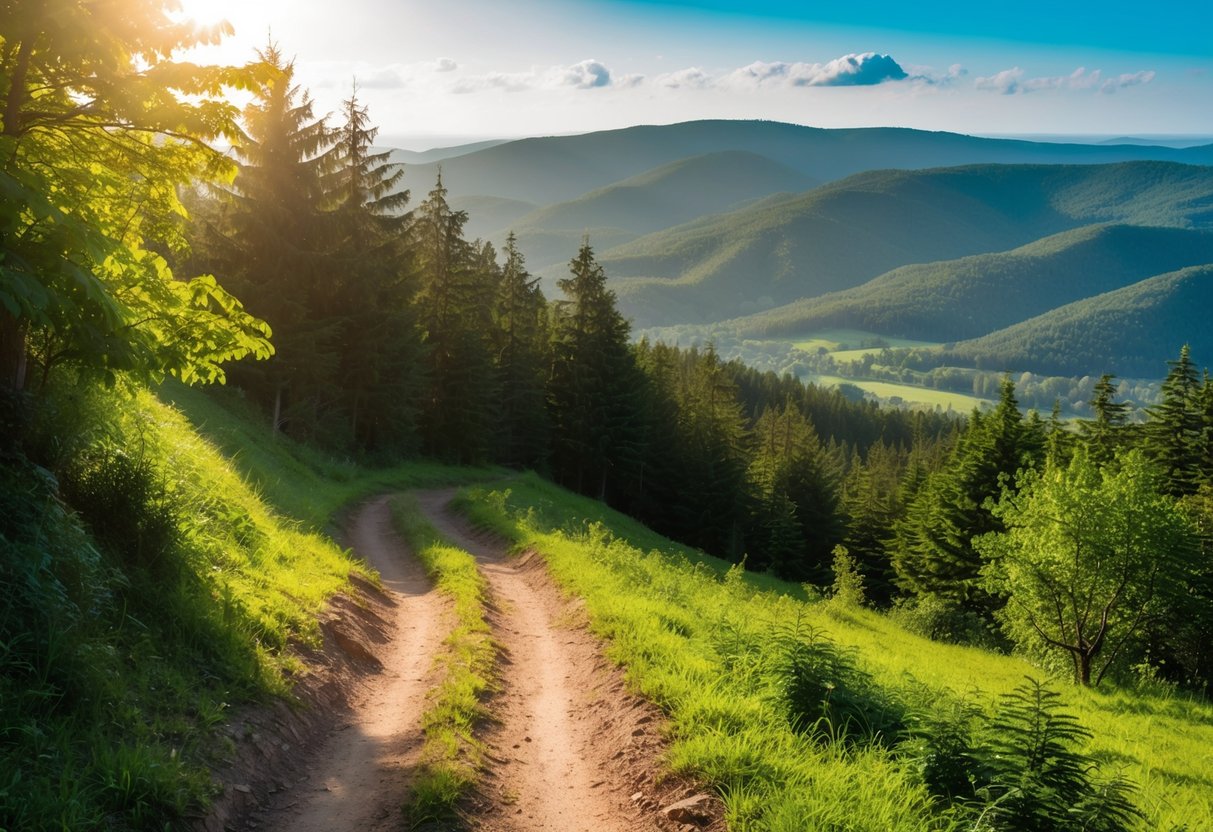 A winding trail leads through a lush forest, with sunlight filtering through the trees and a panoramic view of the surrounding hills and valleys