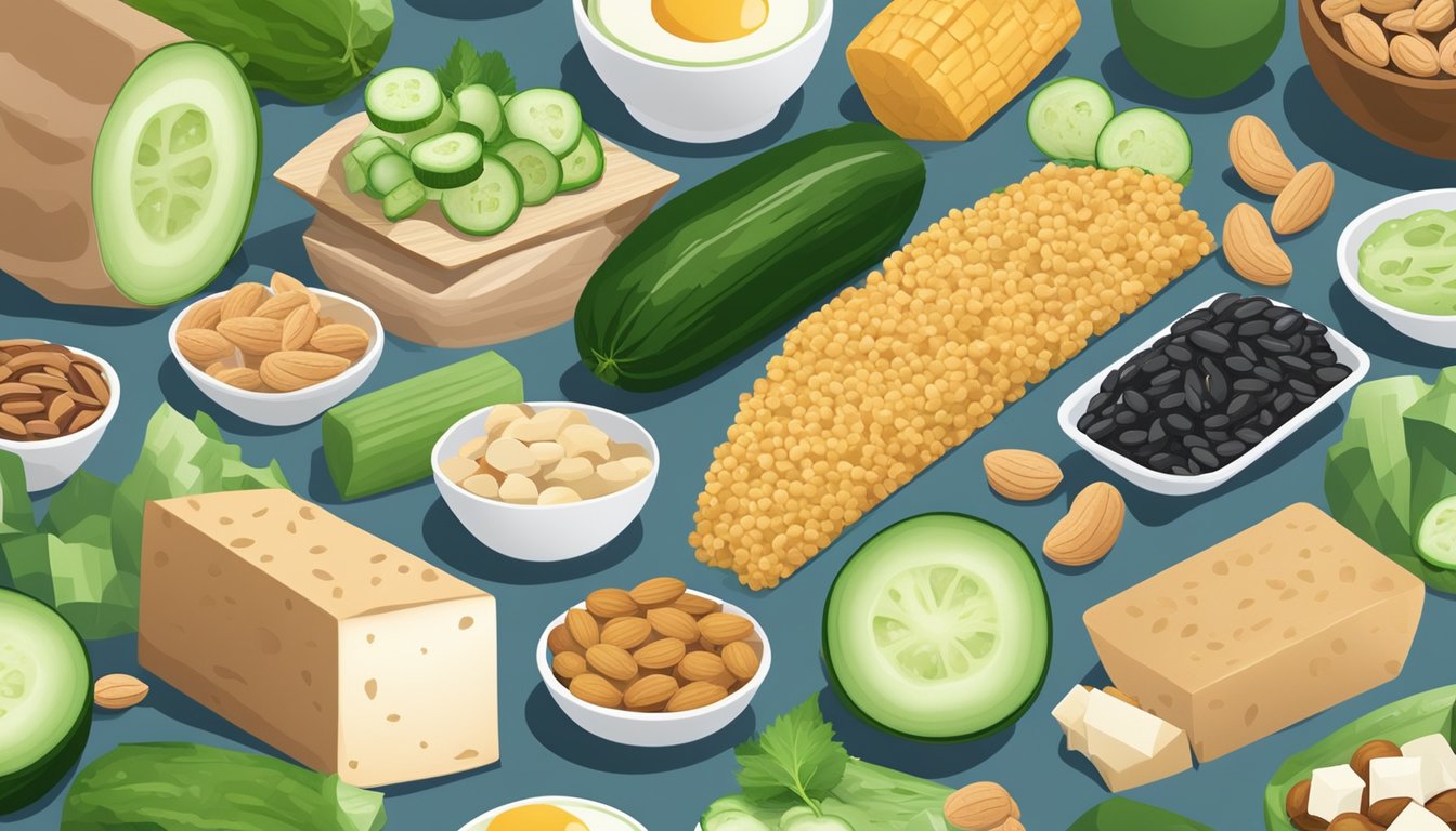 A variety of protein-packed foods displayed with a cucumber as the focal point, surrounded by items like nuts, beans, and tofu