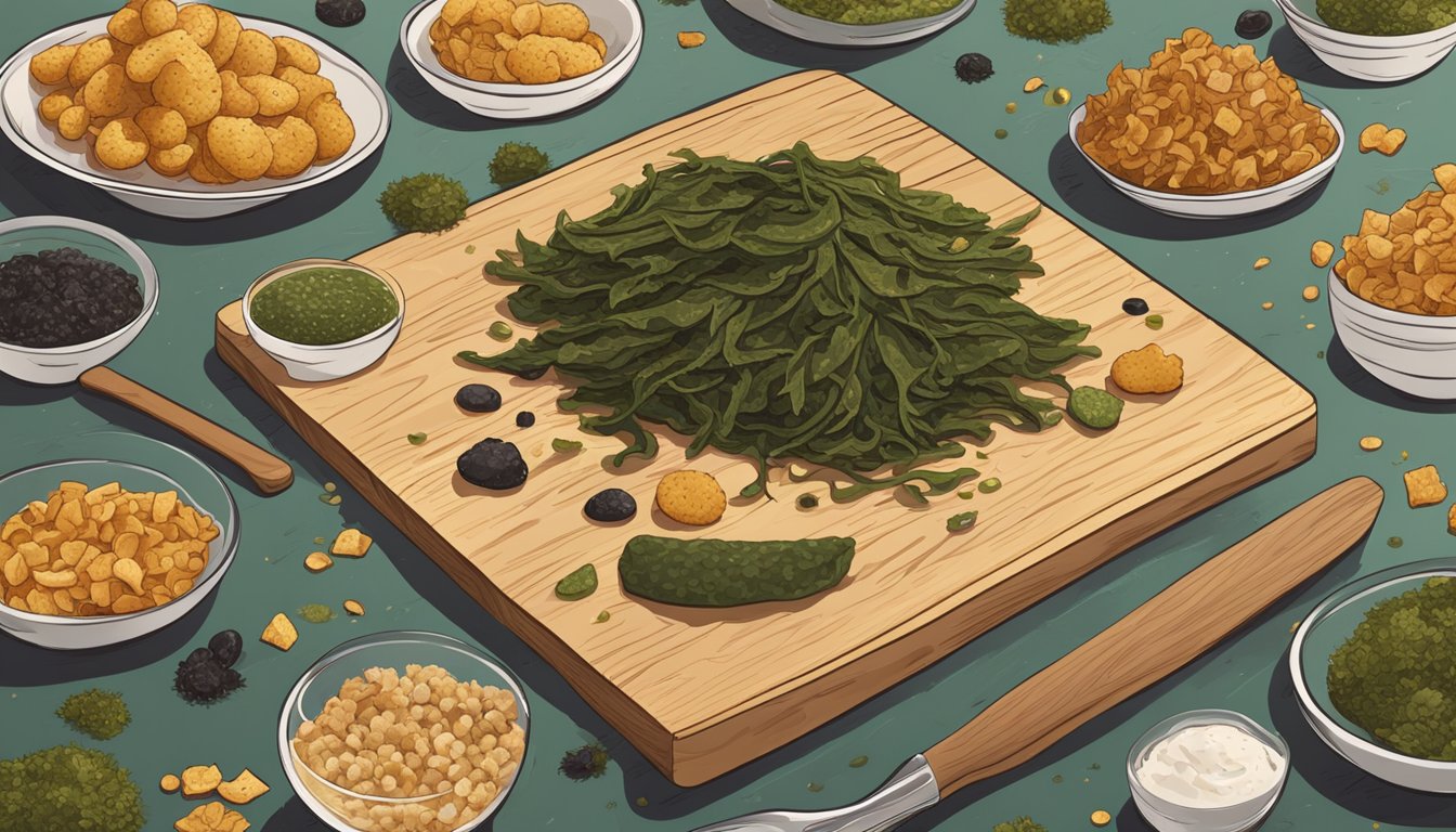 A variety of seaweed snacks arranged on a wooden cutting board, surrounded by scattered crumbs and a half-eaten snack