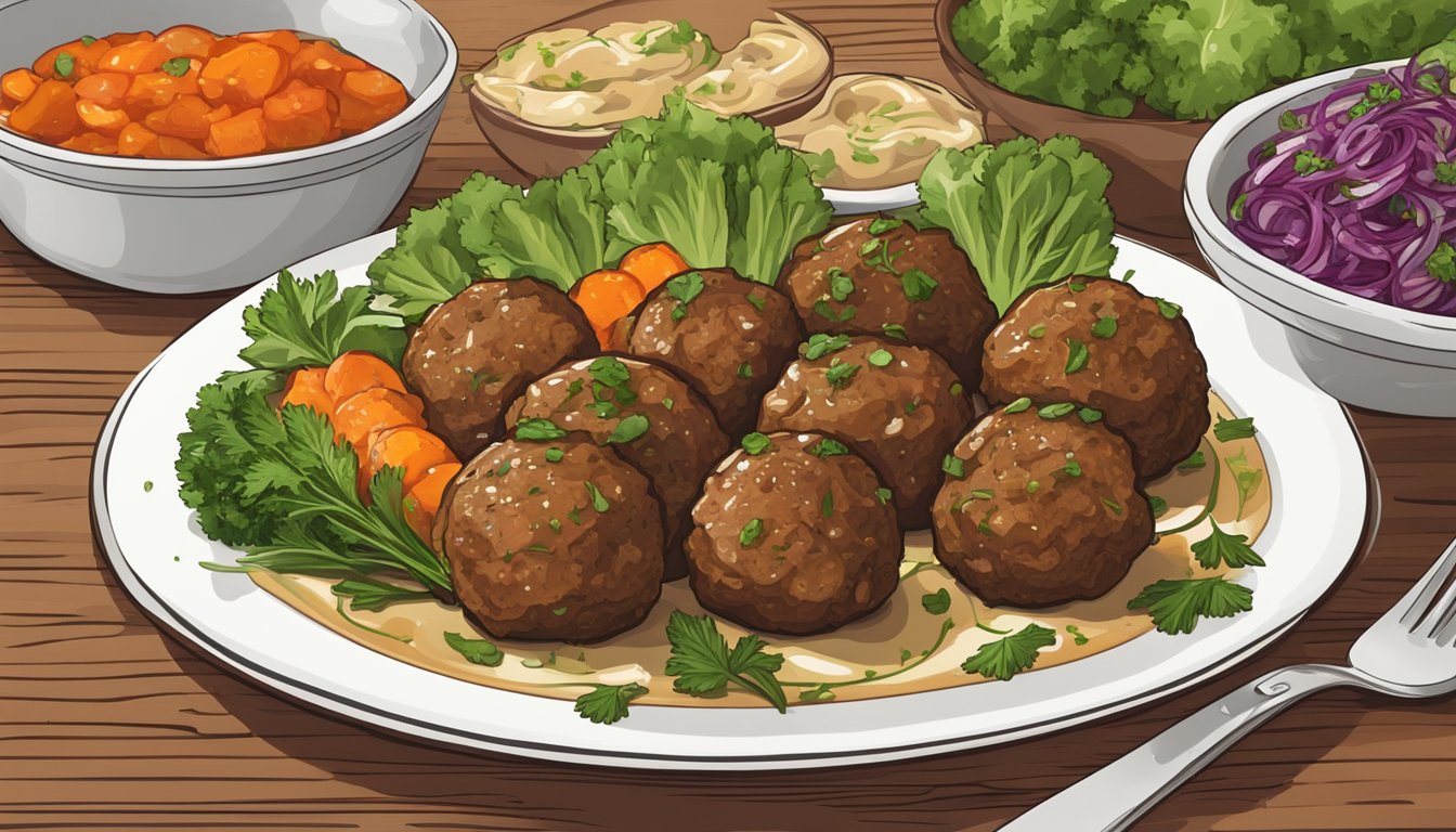 A plate of vegan meatballs surrounded by various vegetables, herbs, and a drizzle of sauce on a wooden table