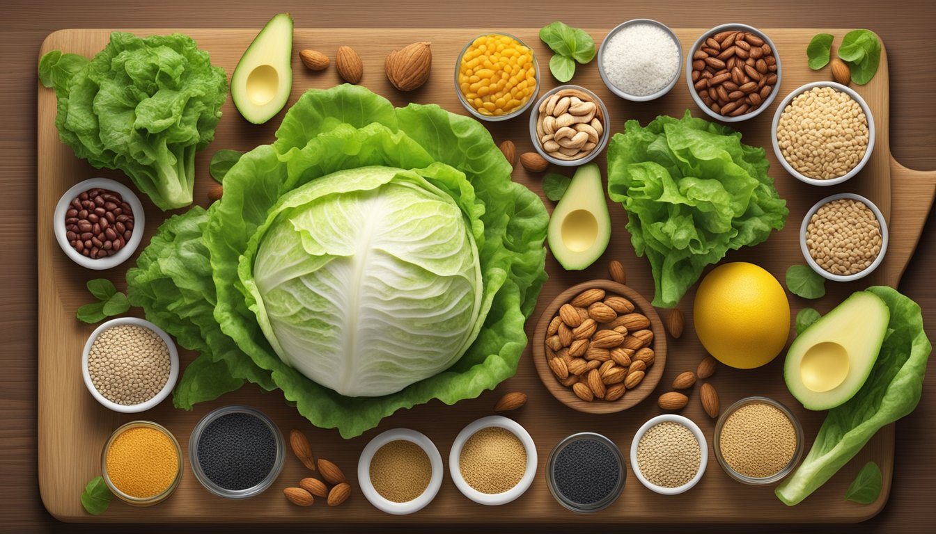 A head of iceberg lettuce surrounded by a variety of protein-rich foods, such as nuts, seeds, and beans, arranged on a wooden cutting board