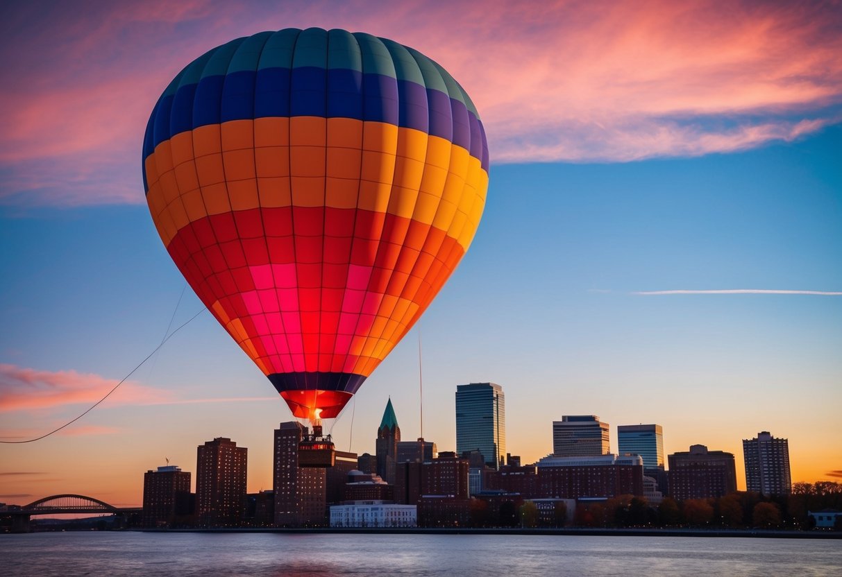 A colorful hot air balloon floats over the Albany skyline at sunset