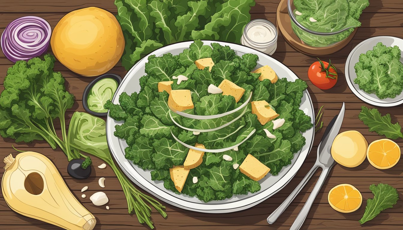 A vibrant bowl of kale Caesar salad surrounded by fresh ingredients and a rustic wooden table