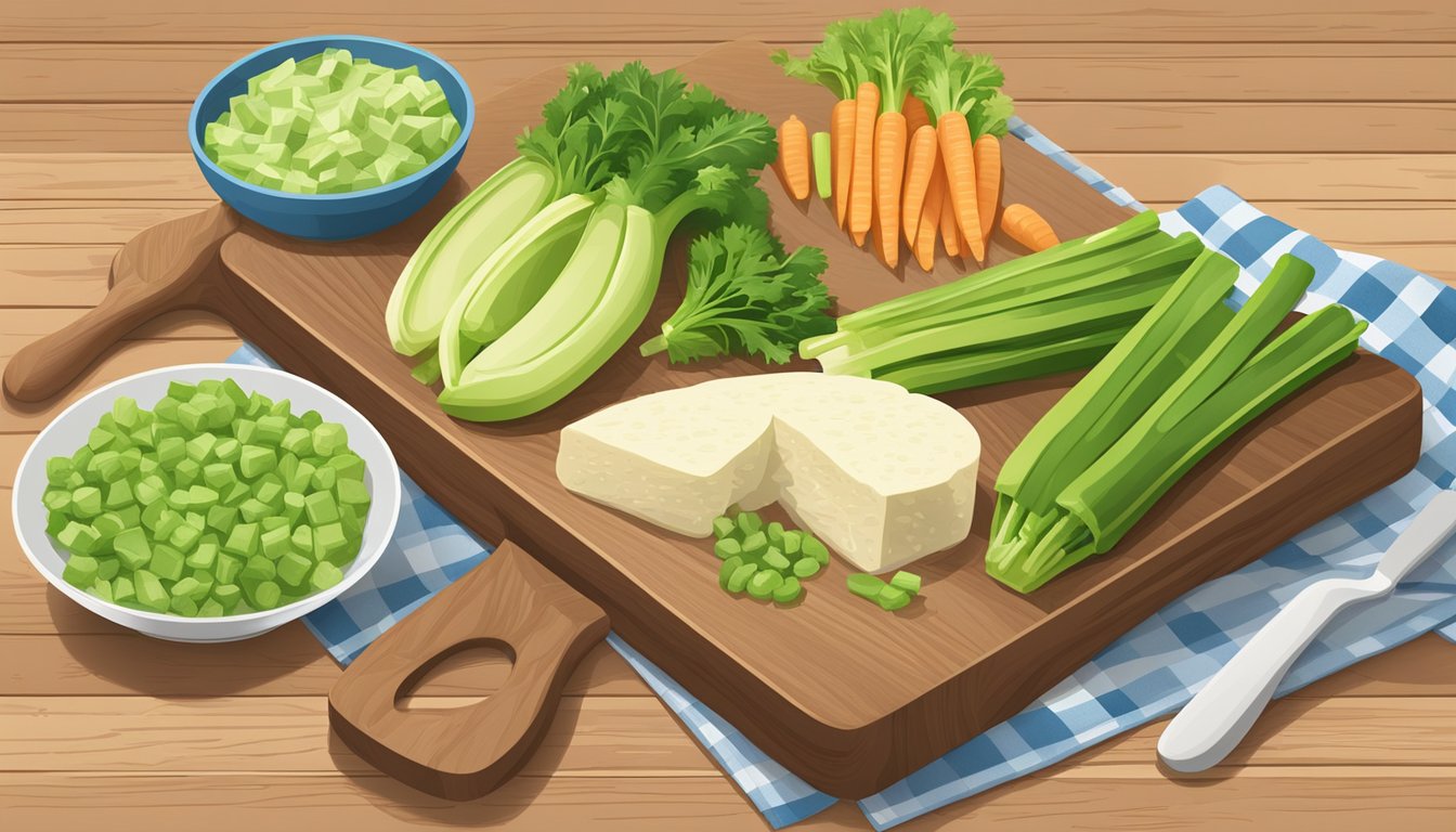 A colorful assortment of protein-packed foods, including celery, arranged on a wooden cutting board