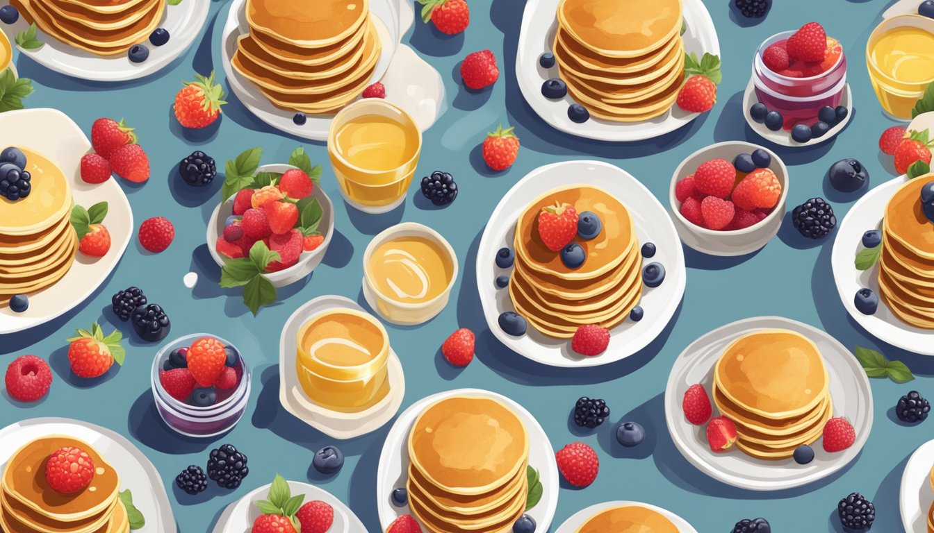 A stack of golden gluten-free pancakes surrounded by fresh berries and drizzled with syrup, placed on a trendy restaurant table