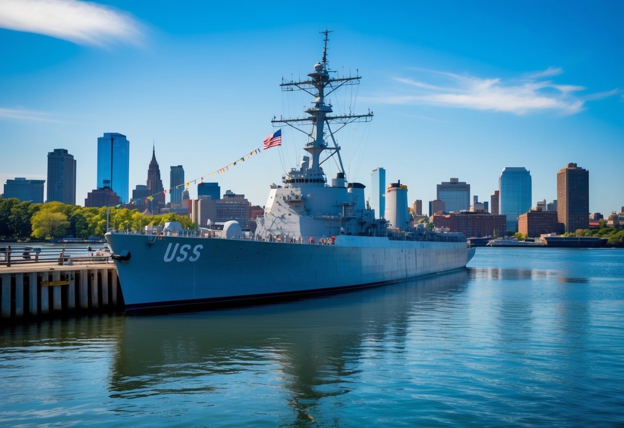 The USS Slater docked in Albany, NY, with the city skyline in the background and the water reflecting the bright blue sky