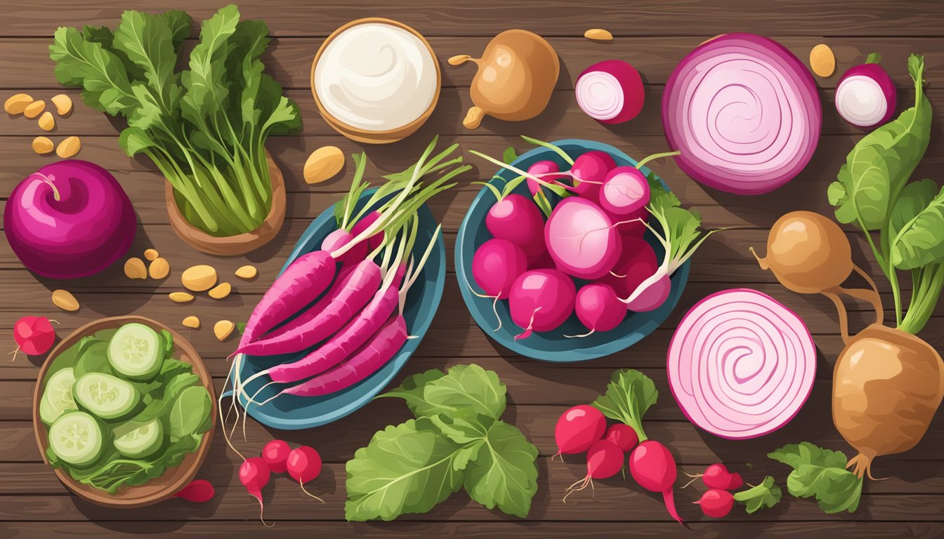 A colorful array of protein-rich foods, including radishes, displayed on a wooden table with vibrant, fresh ingredients