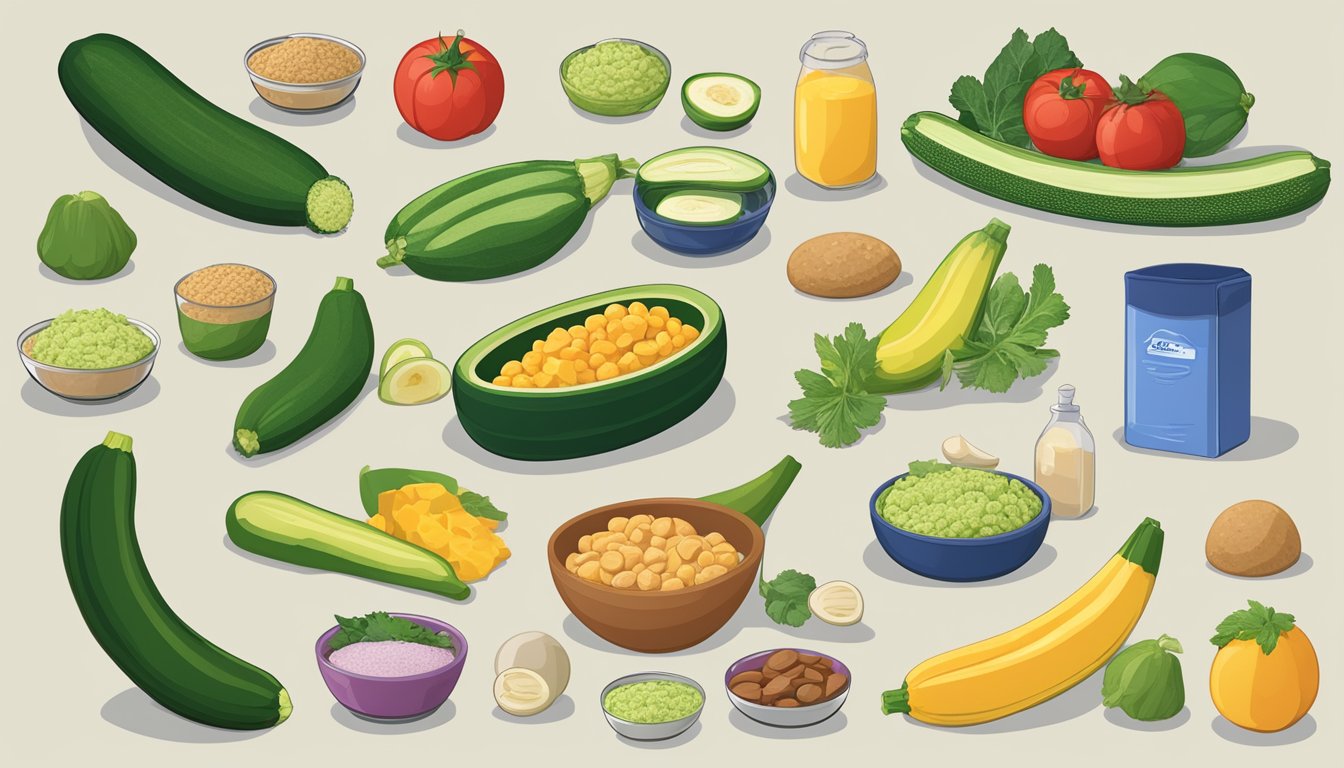 A variety of protein-packed foods arranged around a zucchini, with emphasis on their non-protein content