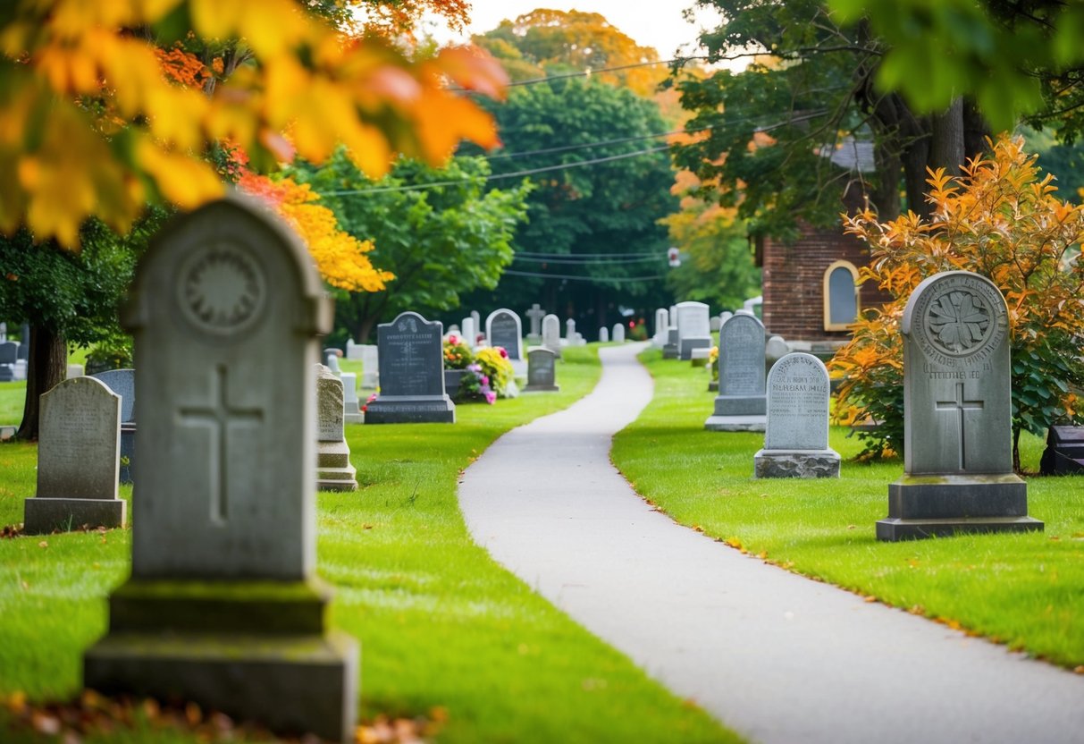 A peaceful scene at Albany Rural Cemetery with winding paths, old gravestones, and colorful foliage