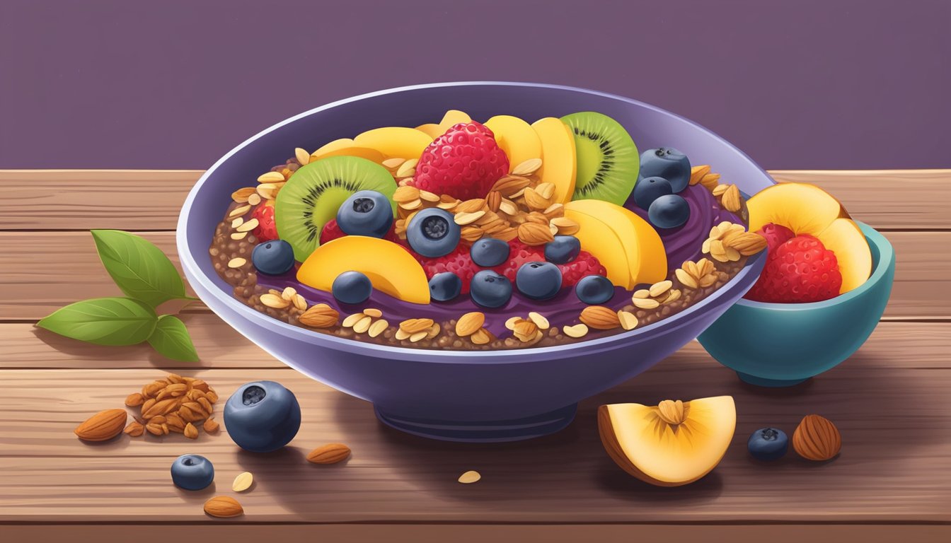 A vibrant acai bowl topped with almond butter, granola, and fresh fruit, set on a rustic wooden table