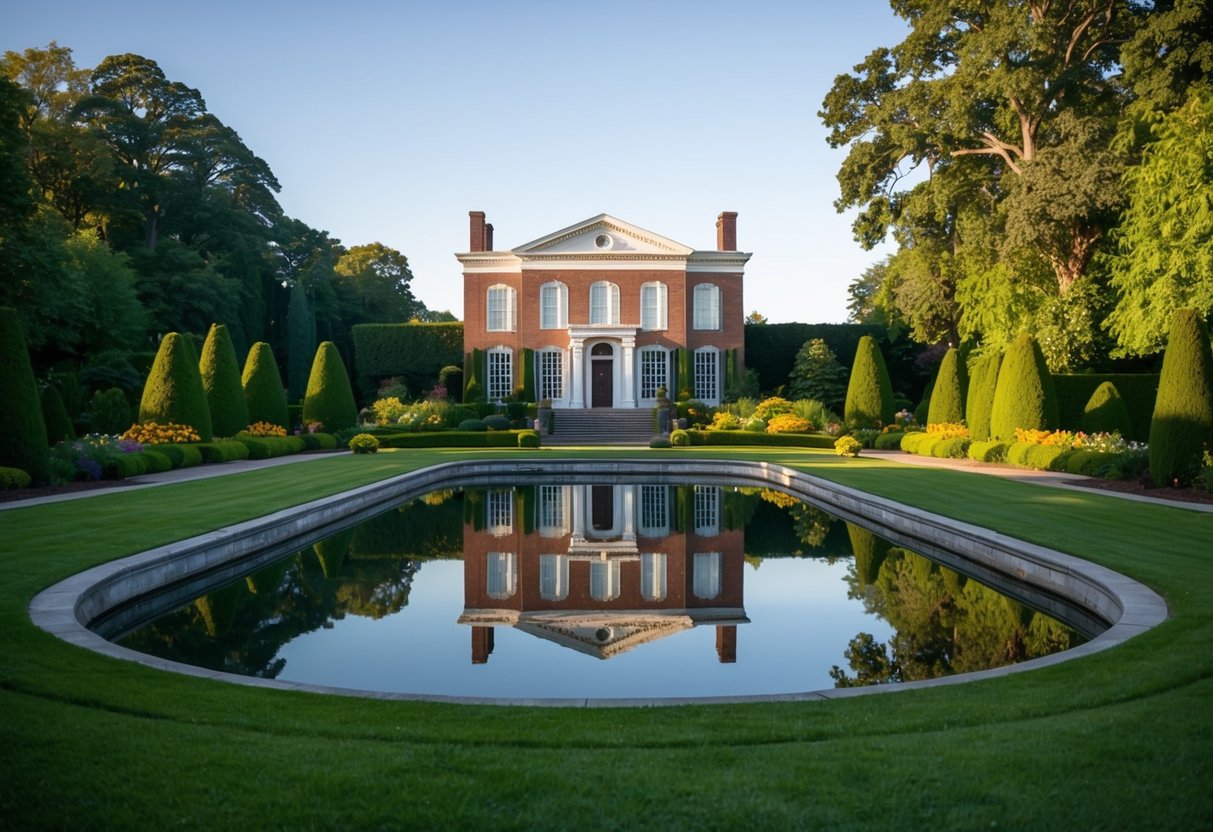 The historic Cherry Hill mansion stands surrounded by lush gardens, with a serene pond reflecting its elegant facade
