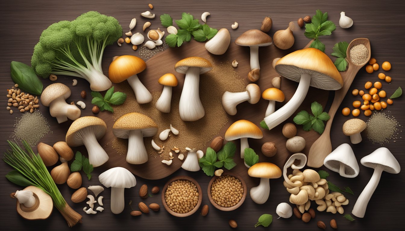 A variety of mushrooms arranged on a wooden cutting board, surrounded by ingredients like quinoa, lentils, and nuts