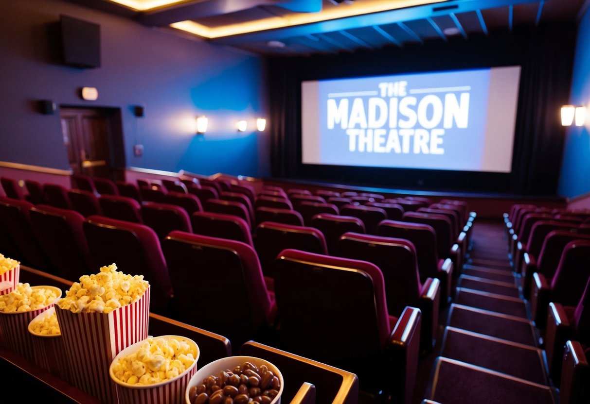 The Madison Theatre: movie screen, rows of seats, dim lighting, popcorn, soda, cozy atmosphere