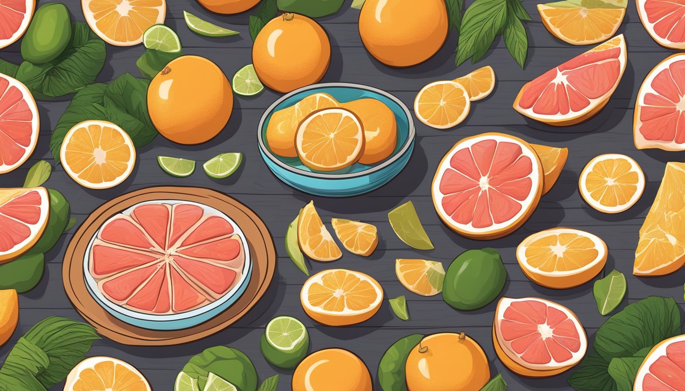 A colorful spread of protein-packed foods, including a vibrant grapefruit, displayed on a wooden table