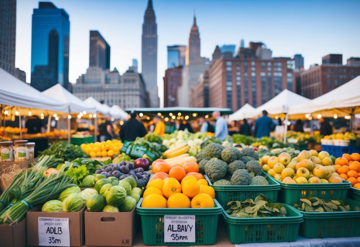 Vibrant produce and artisanal goods fill the bustling Empire State Plaza Farmers Market, with the iconic Albany skyline in the background