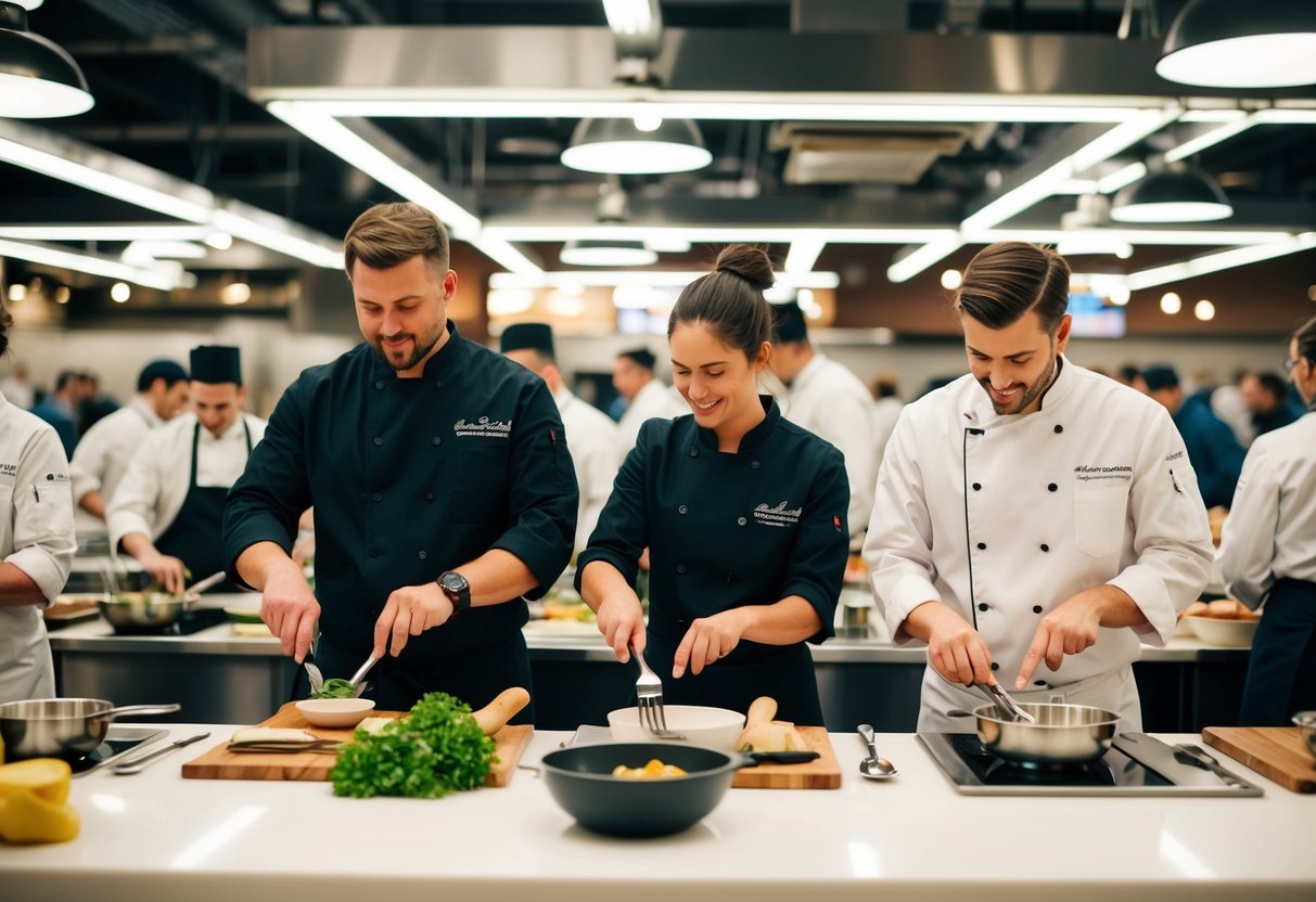 A bustling cooking class at Central Markets, with chefs demonstrating techniques and couples working together at their stations