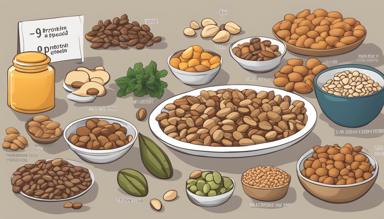 A table with various protein-packed foods, such as nuts, seeds, and legumes, next to a sign reading "9 Protein-Packed Foods That Aren't Actually High in Protein."