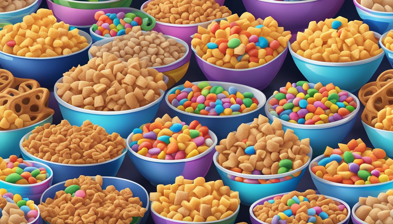 A bowl of Cinnamon Toast Crunch cereal surrounded by 12 other colorful and sugary cereals, creating a vibrant and indulgent display