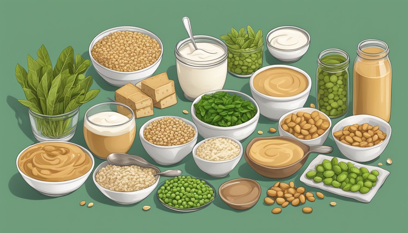 A table with various foods: peanut butter, quinoa, chickpeas, yogurt, almonds, edamame, oats, spinach, and tofu