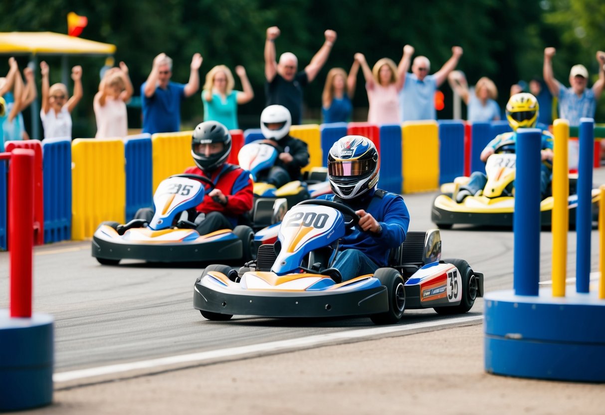 People racing go-karts at Funplex Funpark, surrounded by colorful barriers and cheering spectators