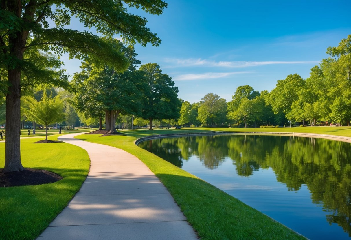 A serene path winds through Veterans Park, with lush greenery and a tranquil pond reflecting the clear blue sky